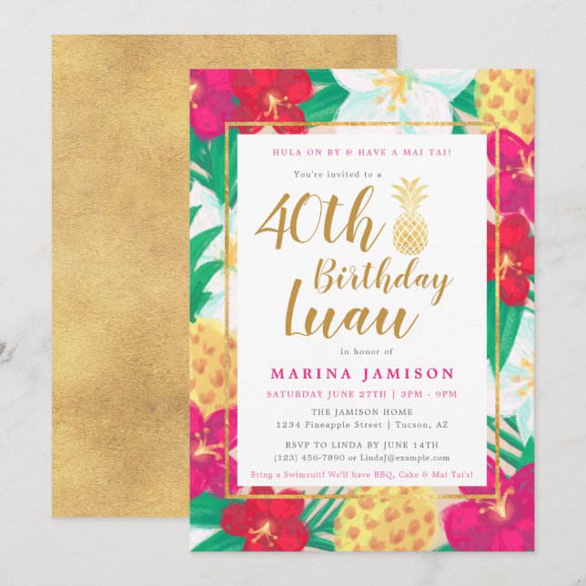 Invitaciones de Oro para Fiesta Luau (Anverso / Reverso)