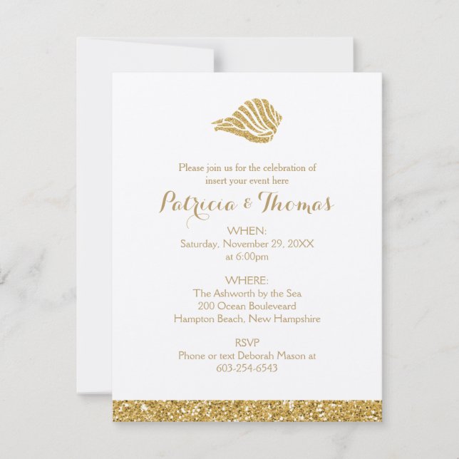 Invitaciones de oro que brillan | Concha marina (Anverso)