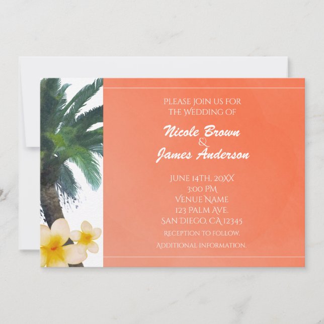 Invitaciones de Palma Tropical Naranja y Plumeria (Anverso)