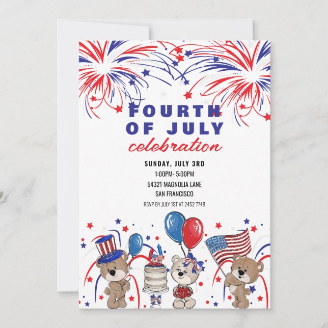 Invitaciones De Patriotic Bears 4 De Julio (Anverso)