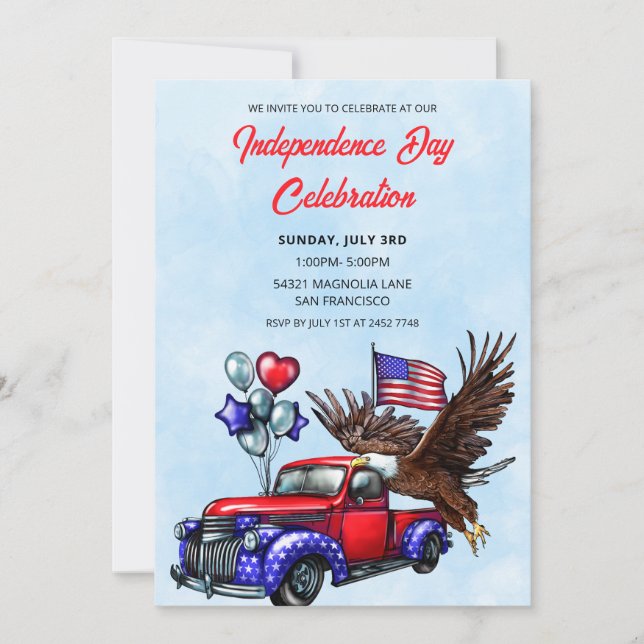 Invitaciones de Patriotic Car y Eagle del 4 de jul (Anverso)