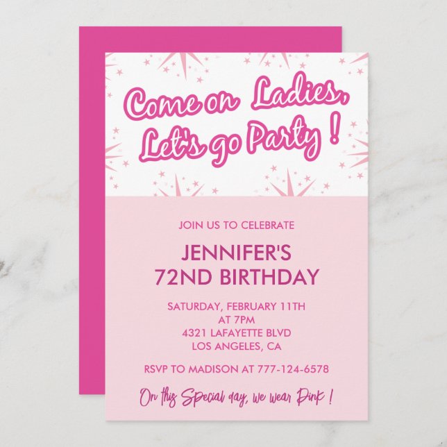 Invitaciones de Pink 72 cumpleaños Trendy Fun Girl (Anverso / Reverso)