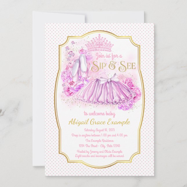 Invitaciones de Pink Gold Tutu Princess Sip and Se (Anverso)