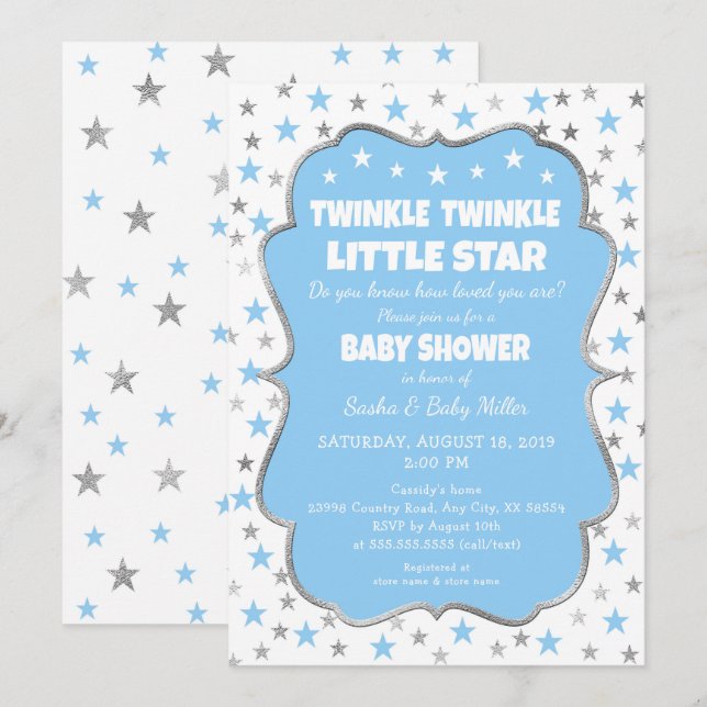 Invitaciones de plata azul de Twinkle Star Baby Sh (Anverso / Reverso)