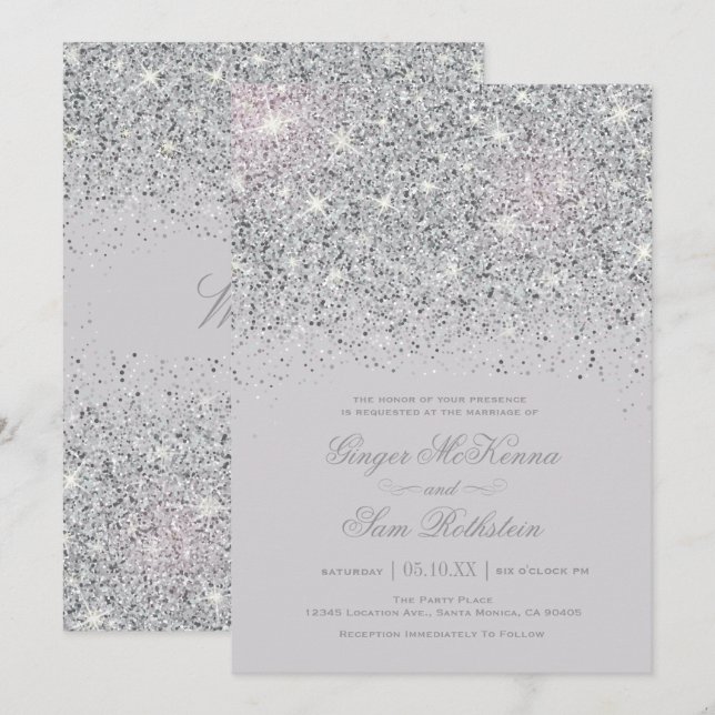 Invitaciones de plata chispeantes de la boda del (Anverso / Reverso)