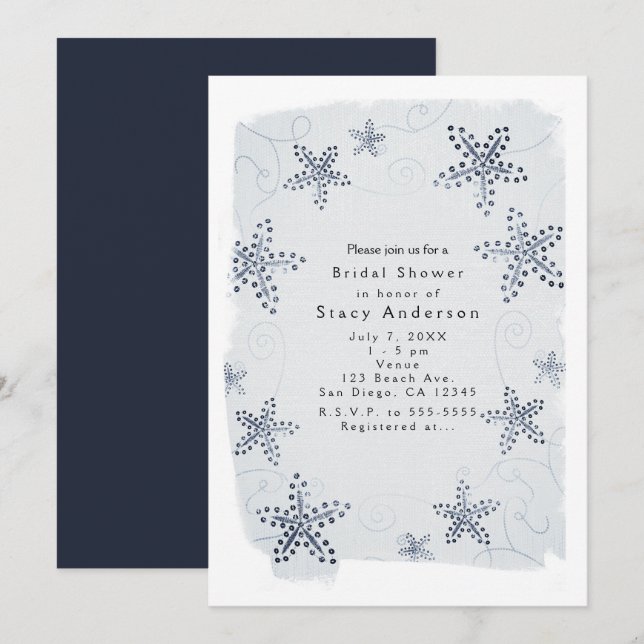 Invitaciones de playa azules elegantes con estrell (Anverso / Reverso)