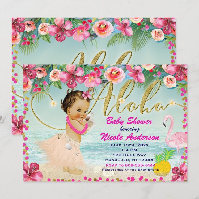 Invitaciones de playa retro hawaianas para baby sh (Anverso / Reverso)