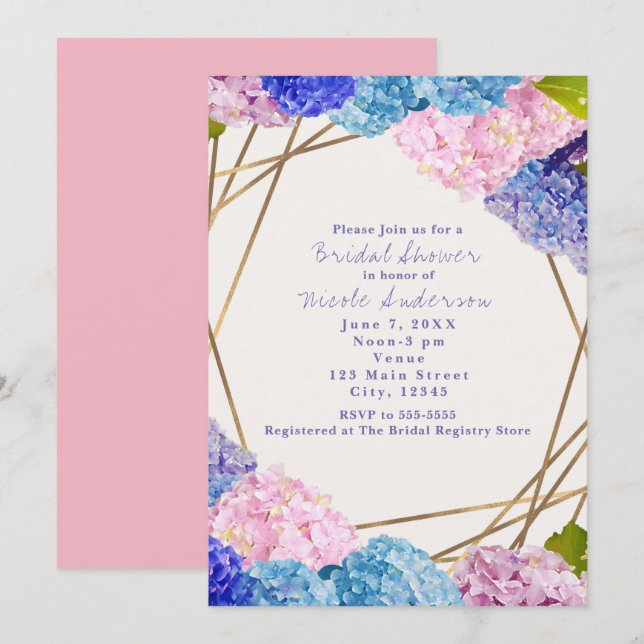 Invitaciones de primavera con flores de hortensia  (Anverso / Reverso)
