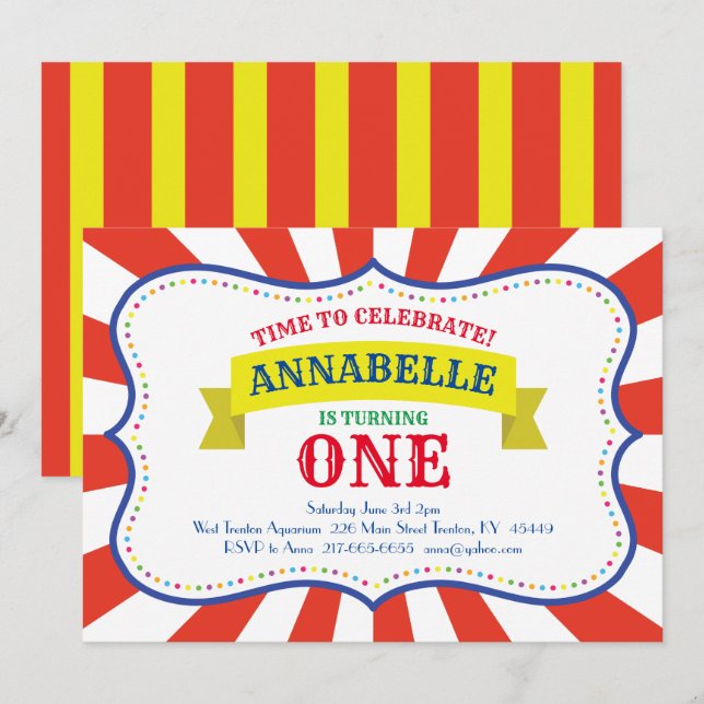 Invitaciones de primer cumpleaños a Circus Cute (Anverso / Reverso)