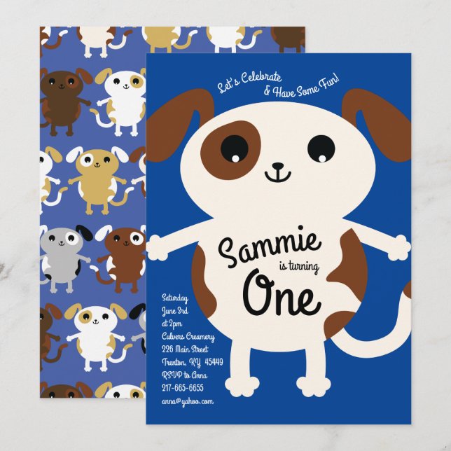 Invitaciones de primer cumpleaños a un perro con c (Anverso / Reverso)