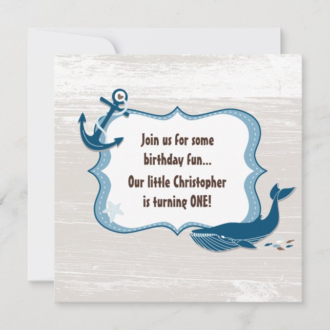 Invitaciones de primer cumpleaños de ballena náuti (Anverso)