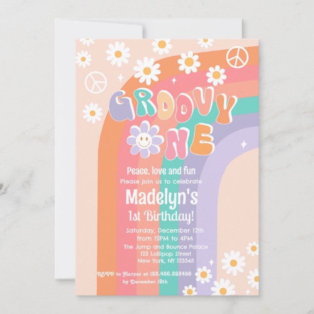 Invitaciones de primer cumpleaños de Groovy One Bo (Anverso)