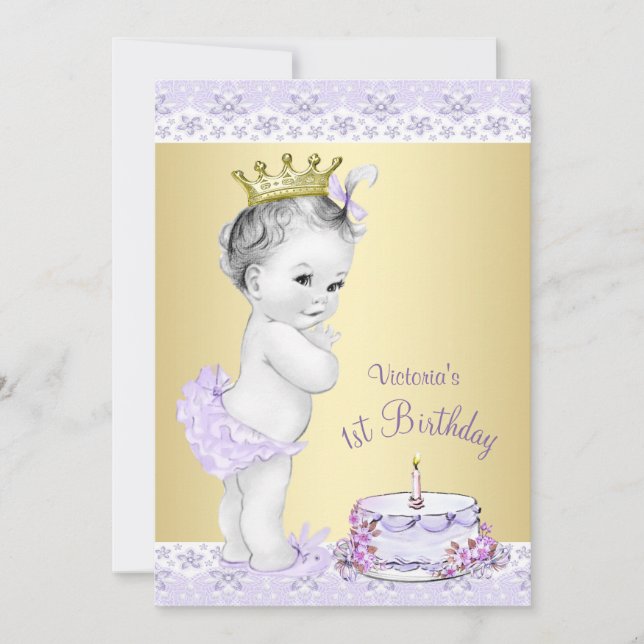 Invitaciones de primer cumpleaños de Lavender Gold (Anverso)