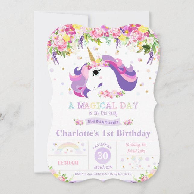 Invitaciones de primer cumpleaños de Purple Rainbo (Anverso)