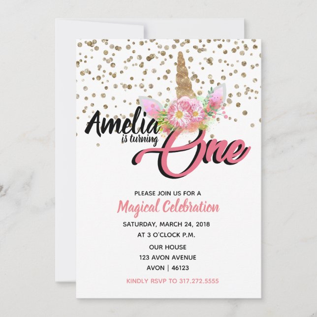 Invitaciones de primer cumpleaños de Unicorn (Anverso)