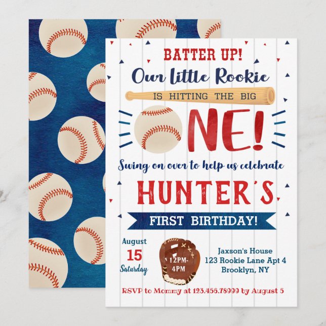 Invitaciones de primer cumpleaños del béisbol (Anverso / Reverso)