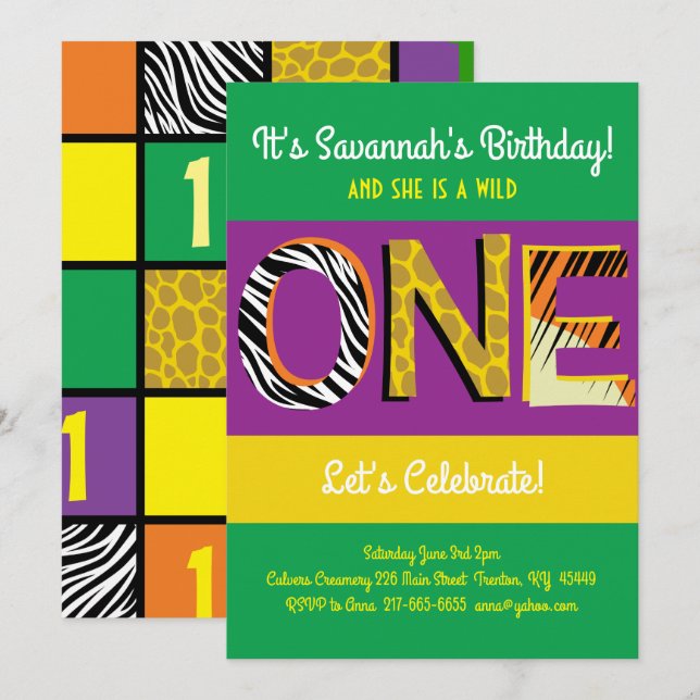 Invitaciones de primer cumpleaños salvajes de un c (Anverso / Reverso)