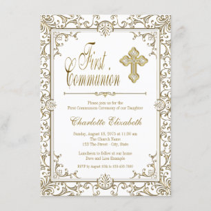 Invitaciones de Primera Comunión Blancas y Doradas