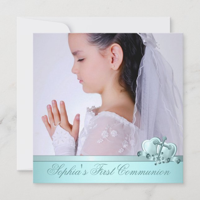 Invitaciones de Primera Comunión de niñas en azul  (Anverso)