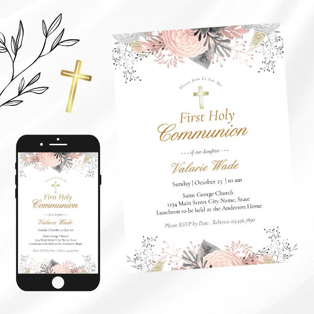 Invitaciones de Primera Comunión Floral Rosa (Subido por el creador)