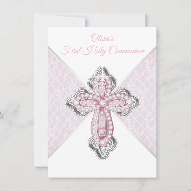 Invitaciones de Primera Comunión Rosa Plata (Anverso)