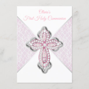 Invitaciones de Primera Comunión Rosa Plata