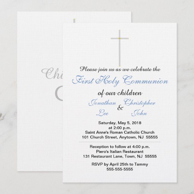 Invitaciones de Primeras Comuniones Azules para Ge (Anverso / Reverso)