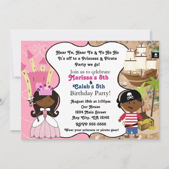 Invitaciones de Princesa y Pirata de Piel Oscura É (Anverso)