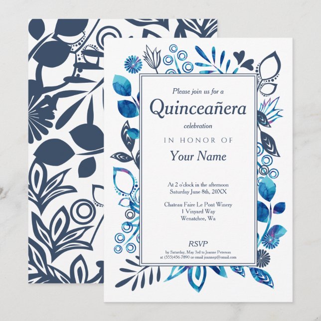 Invitaciones de Quinceañera Azul Cristal (Anverso / Reverso)