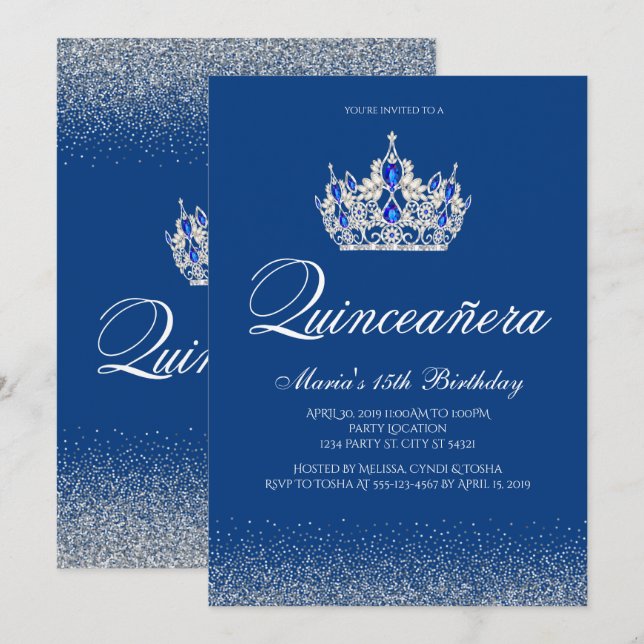 Invitaciones de Quinceanera Azul Real (Anverso / Reverso)