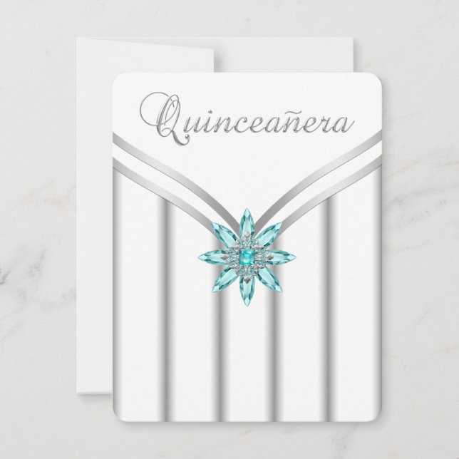 Invitaciones de Quinceañera Azul Turquesa Plateada (Anverso)