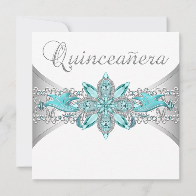 Invitaciones de Quinceañera Azul Turquesa Plateada (Anverso)