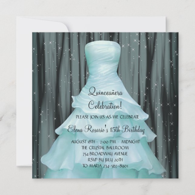 Invitaciones de Quinceanera Azul Verde azulado Neg (Anverso)