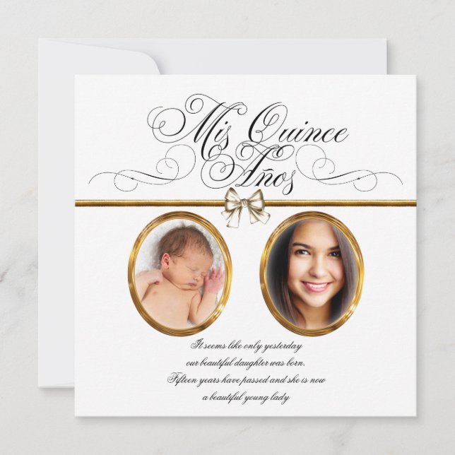 Invitaciones de Quinceañera con Foto de Oro Blanco (Anverso)