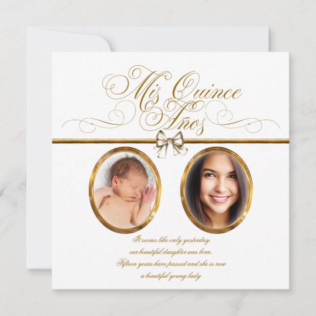 Invitaciones de Quinceañera con Foto en Blanco Oro (Anverso)