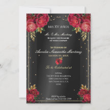 Invitaciones de Quinceañera con Rosas Rojas y Negr