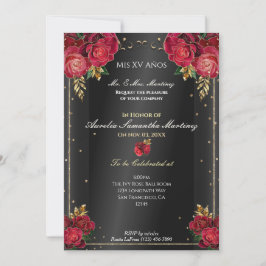 Invitaciones de Quinceañera con Rosas Rojas y Negr