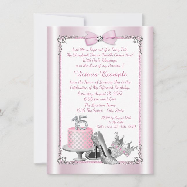 Invitaciones de Quinceañera Cumpleaños 15 Rosa Pla (Anverso)