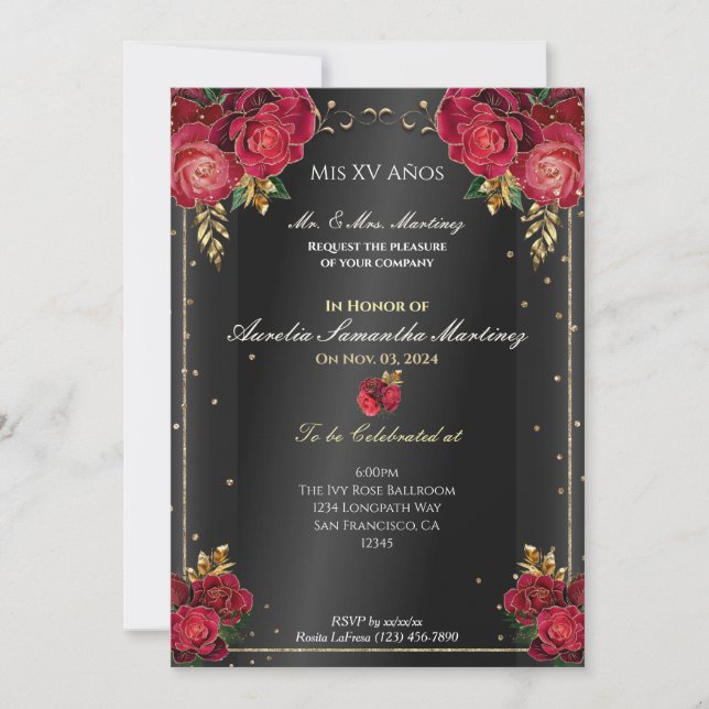 Invitaciones de Quinceañera de color negro con ros (Anverso)