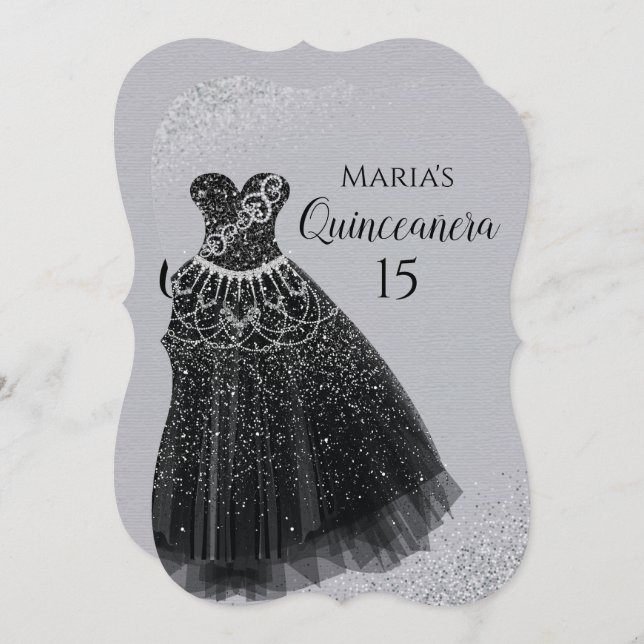 Invitaciones de Quinceañera de la plata del negro (Anverso / Reverso)