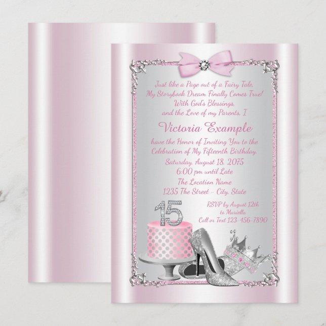 Invitaciones de Quinceañera de Plata Rosa (Anverso / Reverso)