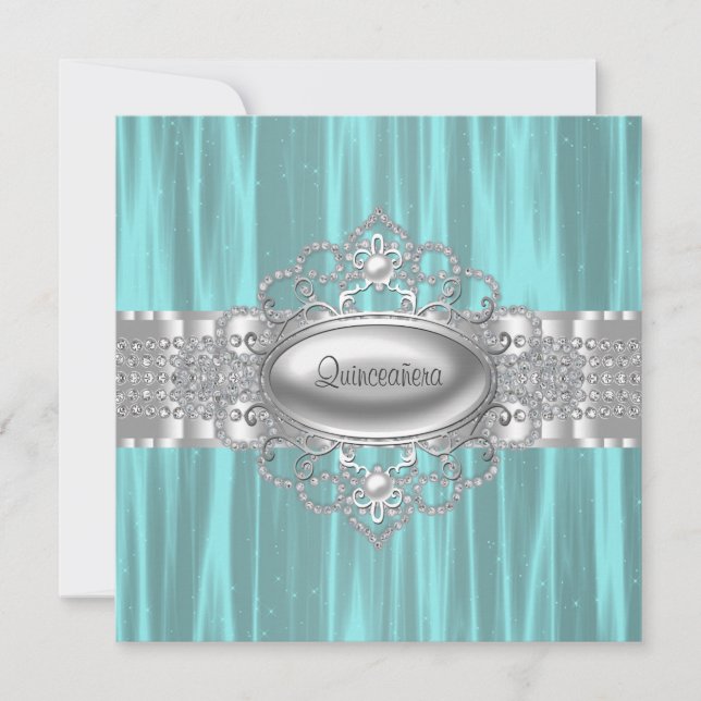 Invitaciones de Quinceañera Diamantes Perlas Azul  (Anverso)