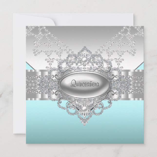 Invitaciones de Quinceañera Diamantes Perlas Azul  (Anverso)