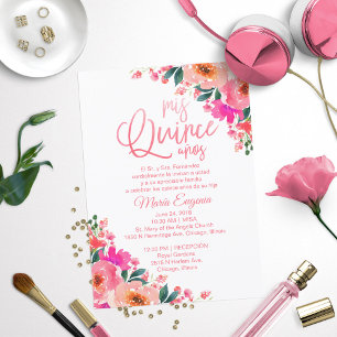 Invitaciones de Quinceañera Floral Rosa Caliente E