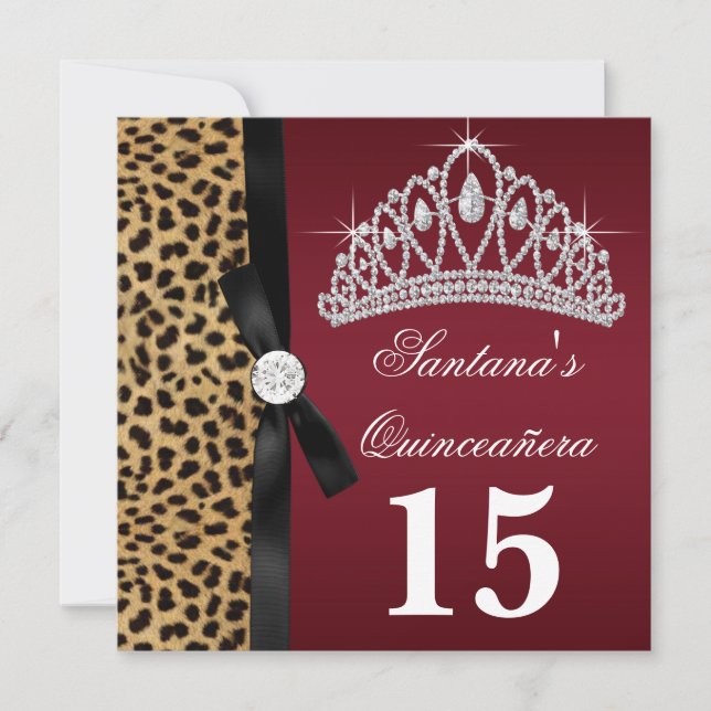 Invitaciones de Quinceañera Leopardo Rojo Rubí (Anverso)