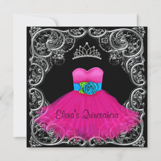 Invitaciones de Quinceañera negras rosa caliente (Anverso)