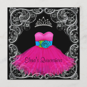 Invitaciones de Quinceañera negras rosa caliente