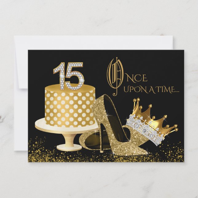 Invitaciones de Quinceañera Negras y Doradas (Anverso)