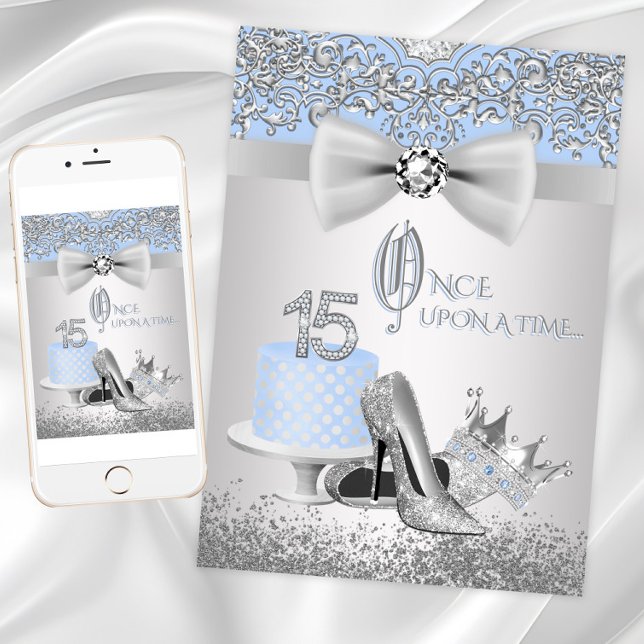 Invitaciones de Quinceañera Princesa Azul Plata (Blue Silver Quinceanera Princess Invitations. Digital download and print files available.)