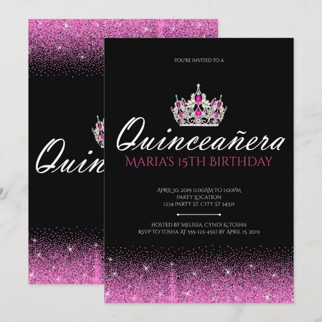 Invitaciones de Quinceanera Purpurina rosa y negro (Anverso / Reverso)